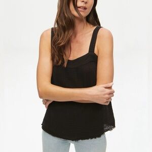 Michael Stars Tamara Tank Top Gauze Square Neckline Lightweight Raw Hem Black